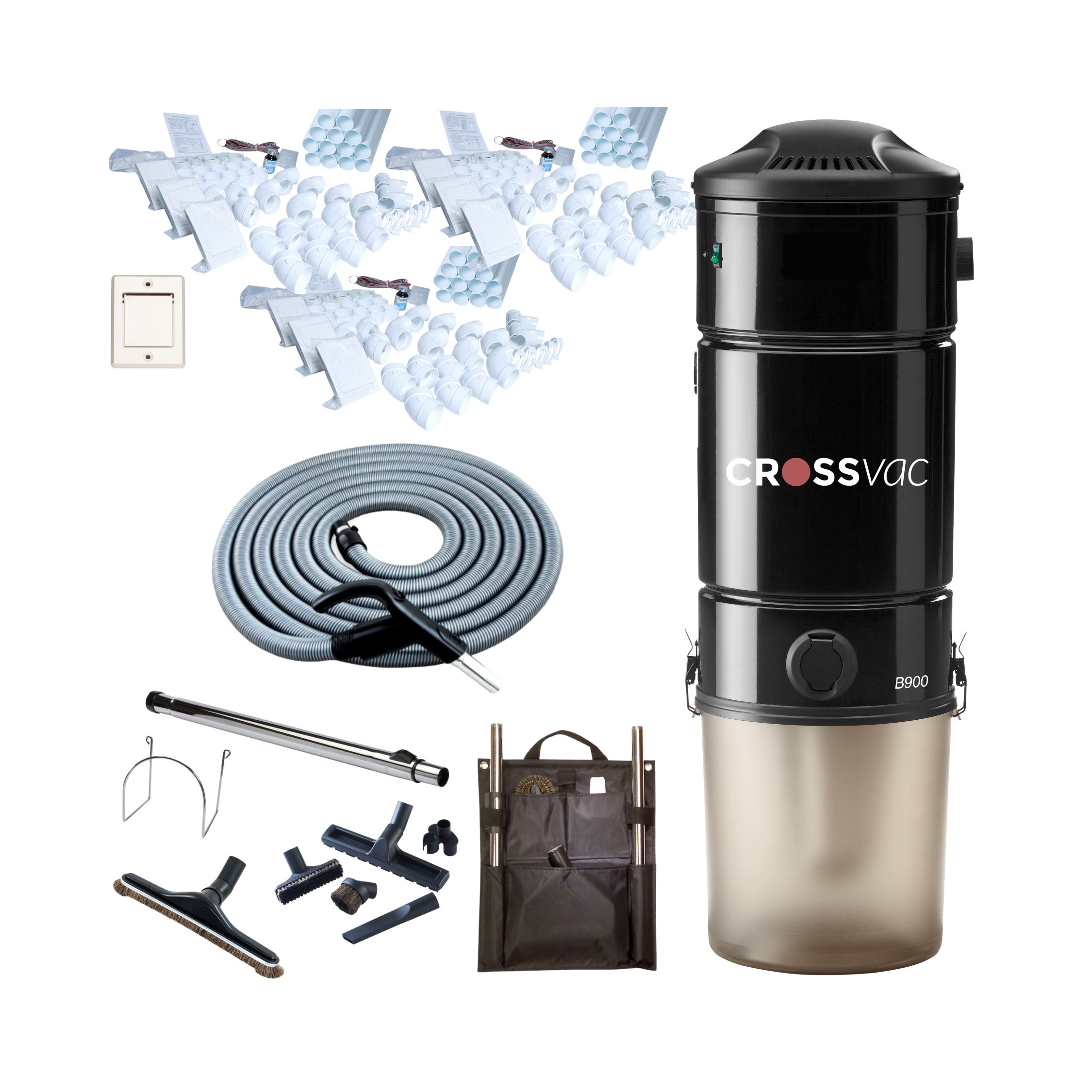 Zentralstaubsauger B900, Schlauch-Set On/Off, 9x Saugdosen & Installationsmaterial